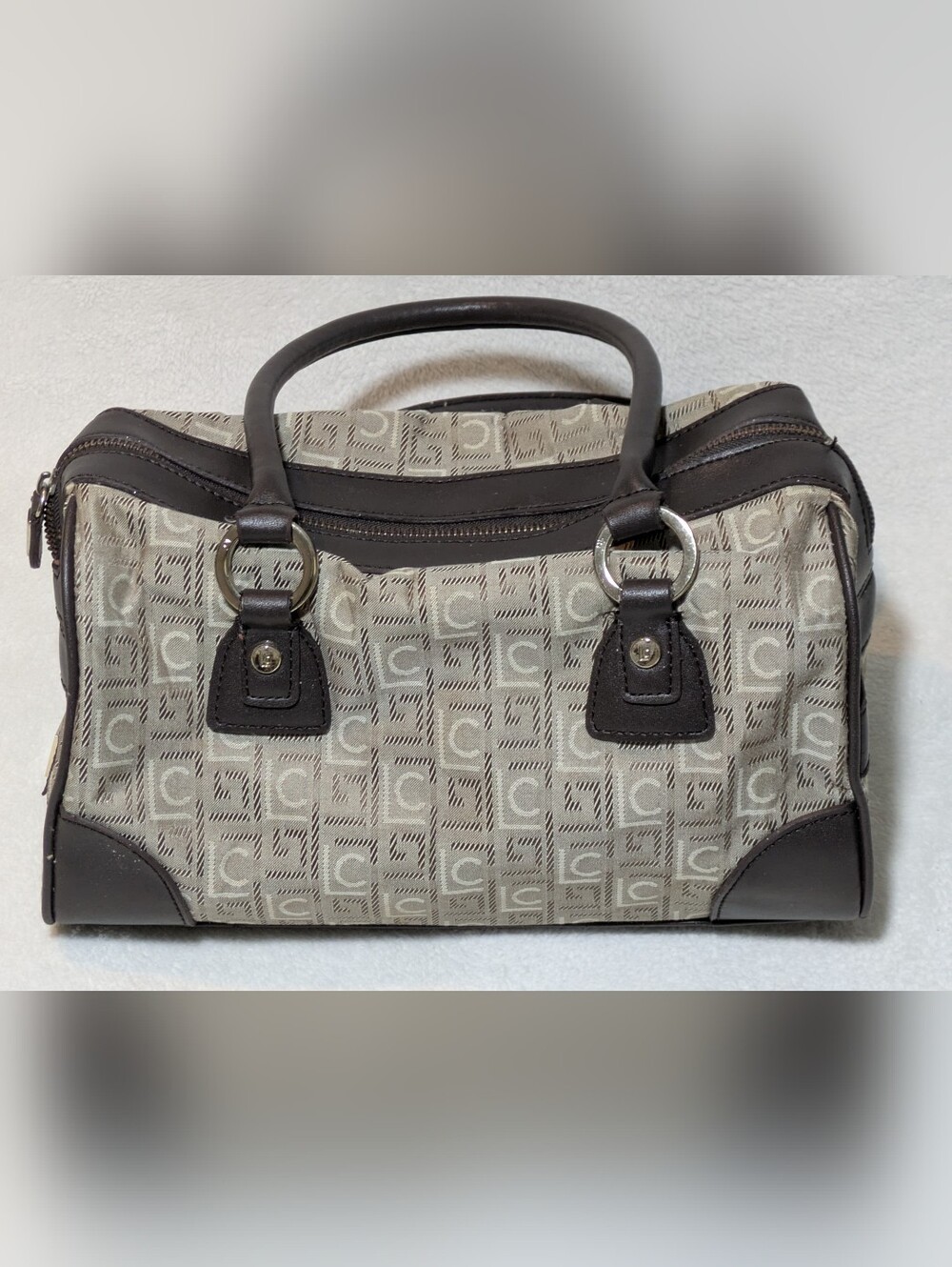 Vintage Liz Claiborne Jacquard Satchel – Tan/Brown Monogram LC Logo